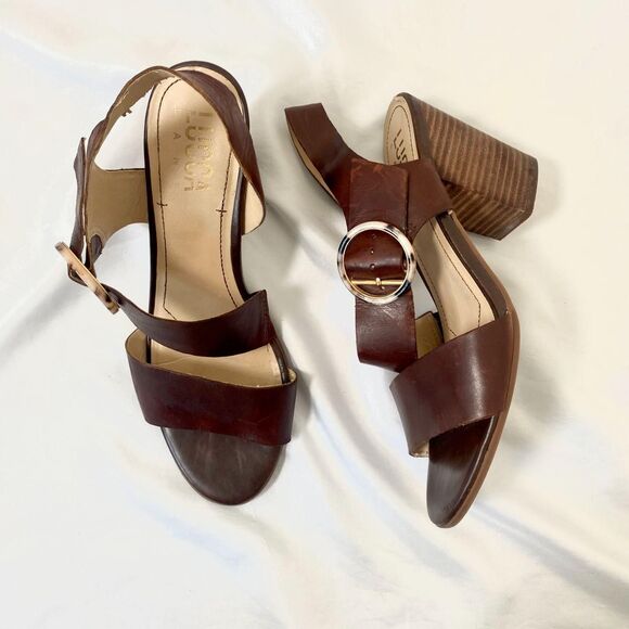 Lucca Lane Dark Brown Leather Tortoise Clasp Lace Up Chunky Heel Sandals US 8.5 - Picture 8 of 8